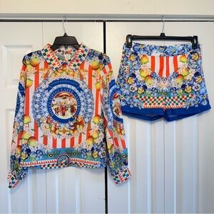 Colorful Patterned Shirt and Shorts Set, Size M